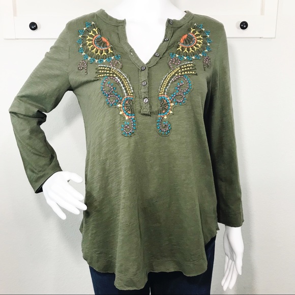 Akemi + Kin Embroidered Long Sleeve Henley T shirt - Picture 7 of 8